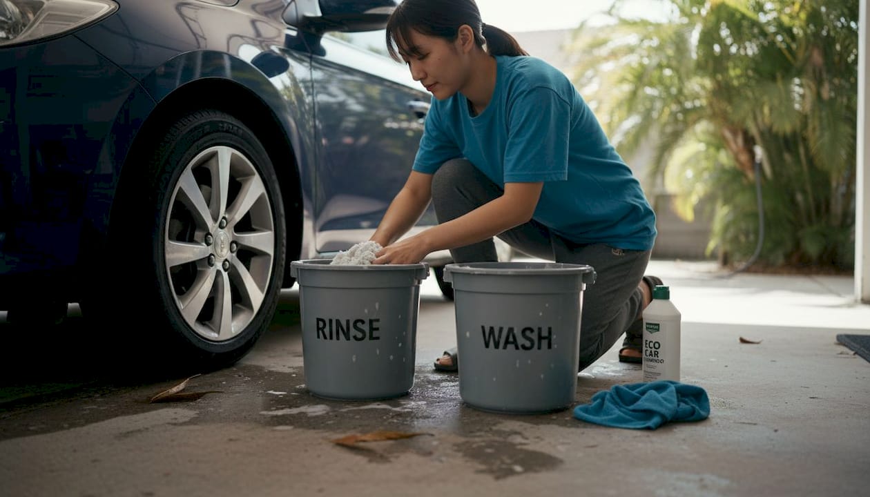 Car owner using two-bucket wash method
