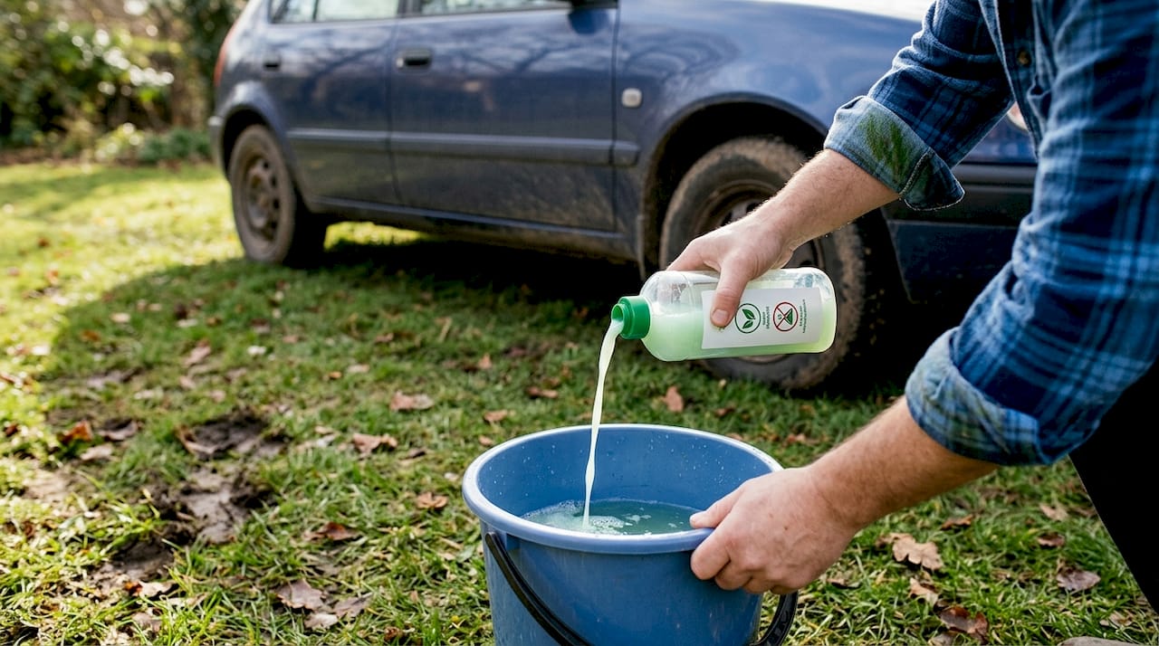 Pouring eco detergent into wash bucket