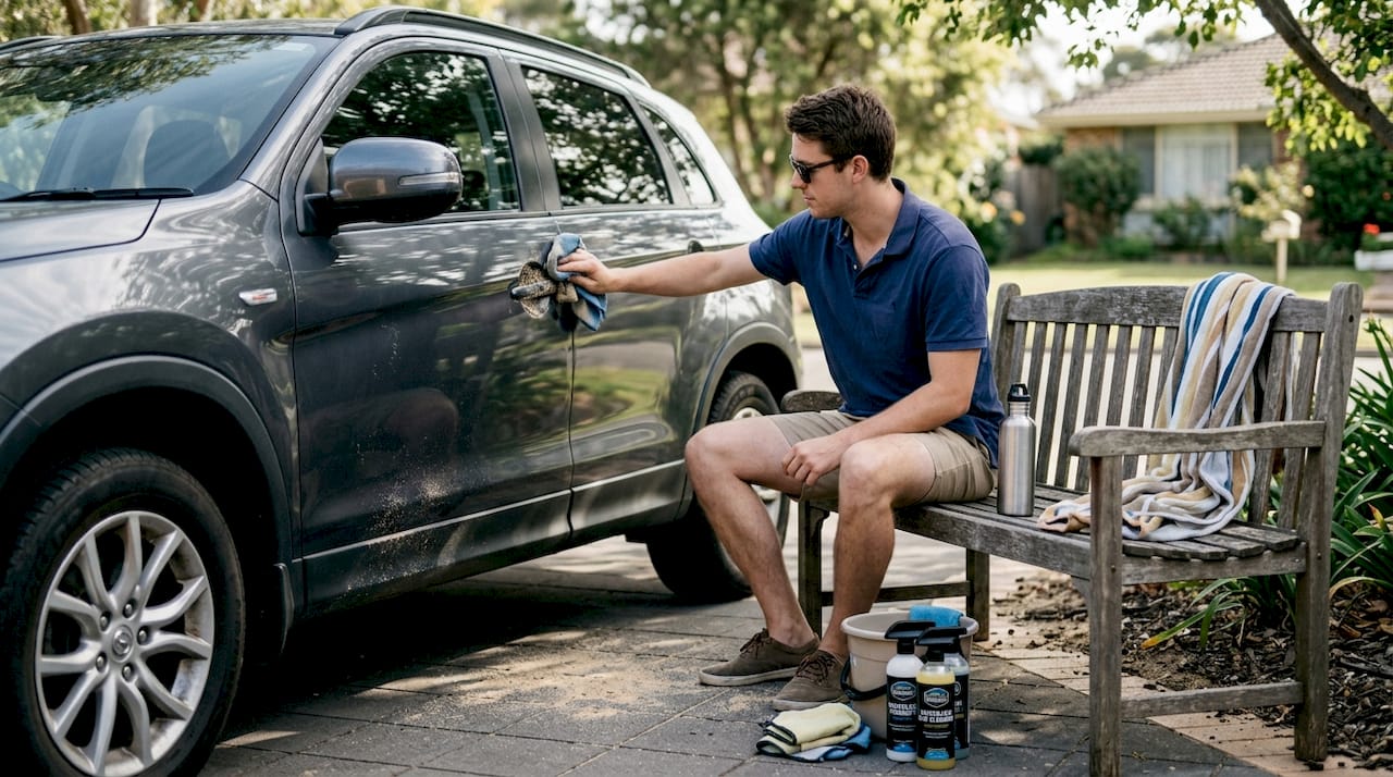 Driver wipes sandy car after beach trip