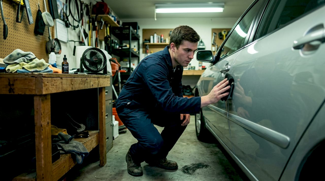 Technician applying ceramic coating in garage
