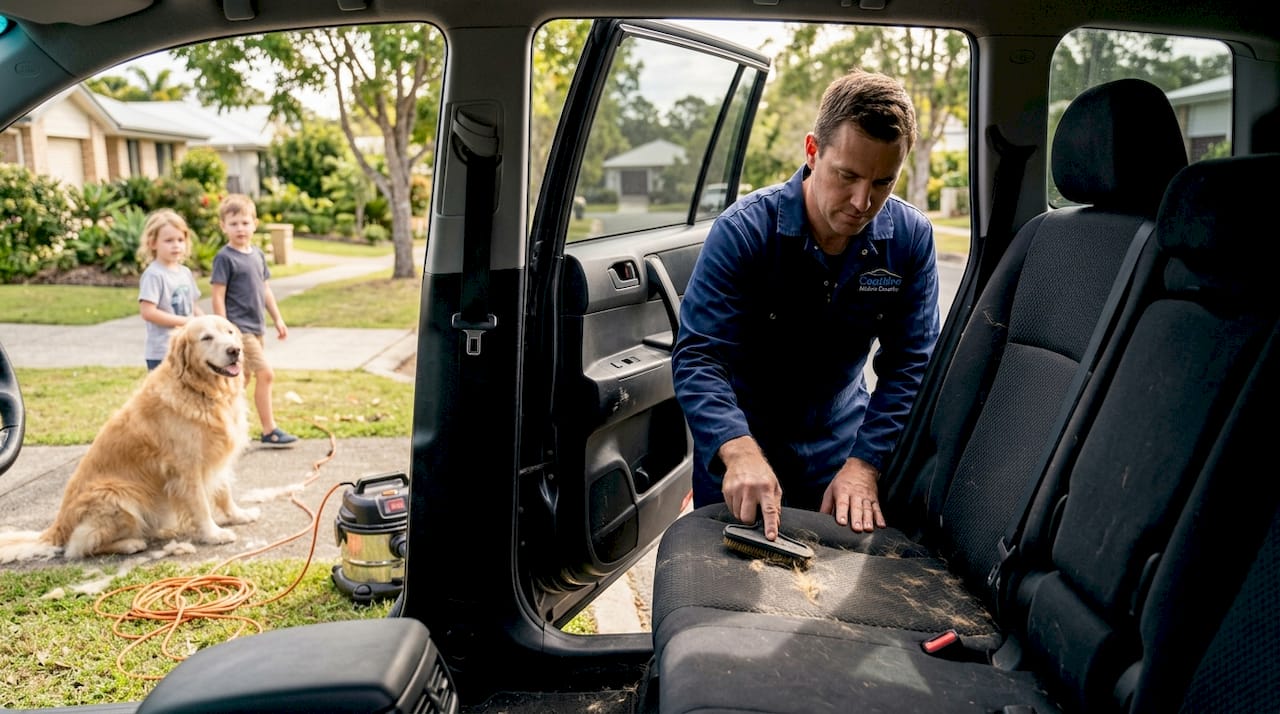 Mobile detailer cleaning pet hair from back seat