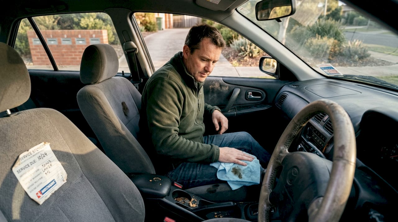 Man cleaning worn, cluttered car interior