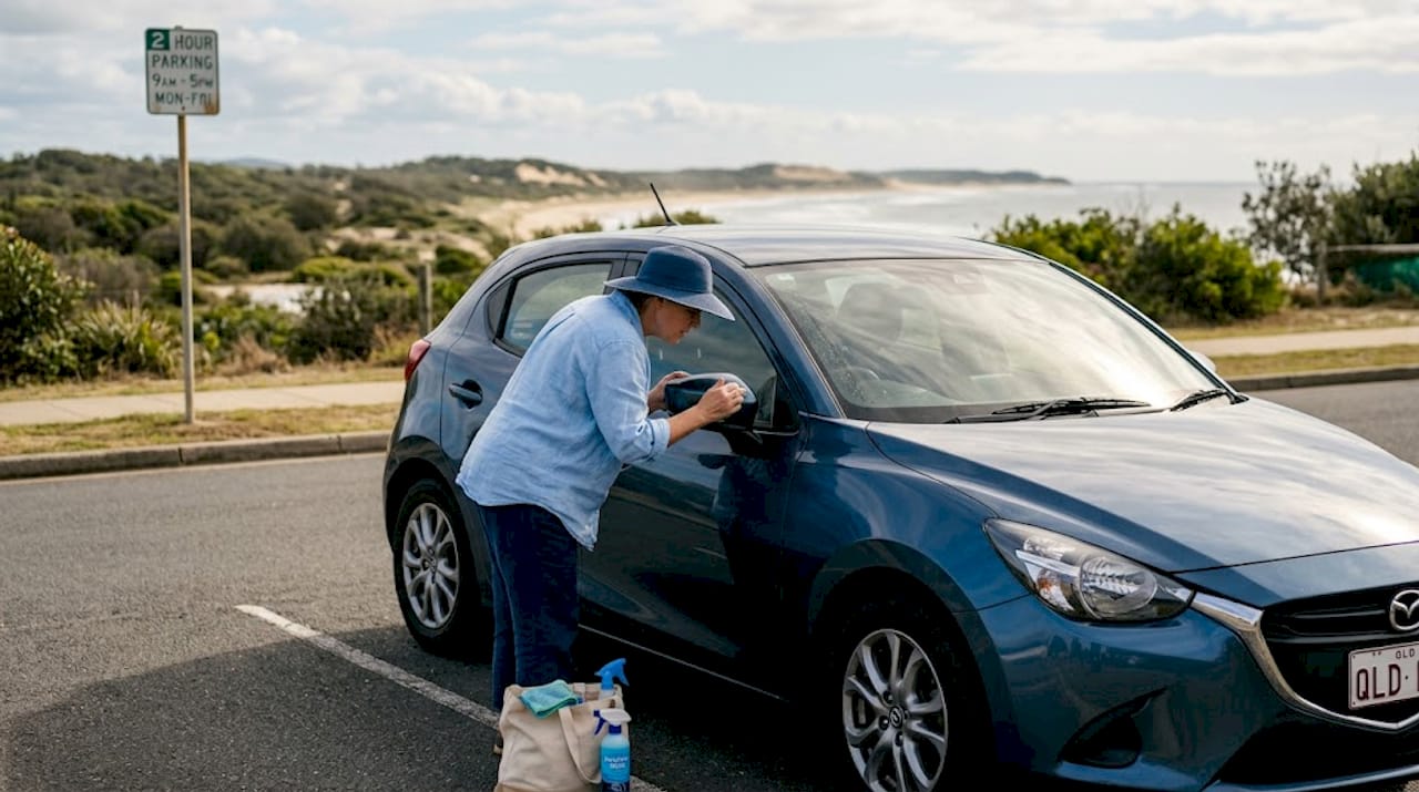 Woman cleaning car by Sunshine Coast bush