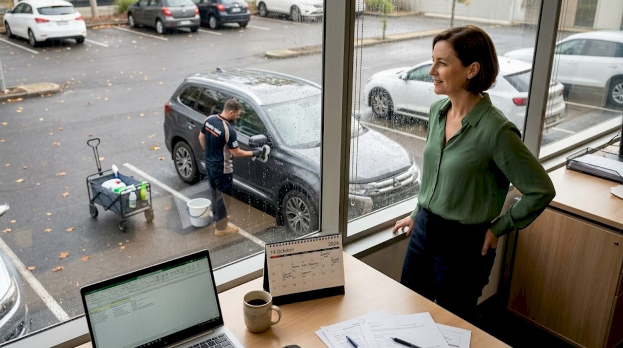 Worker observes car care from office window