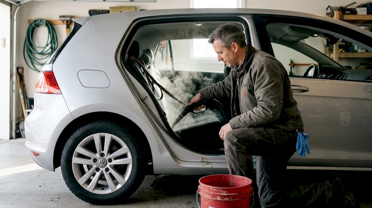 Detailer steam cleans car seat for pets