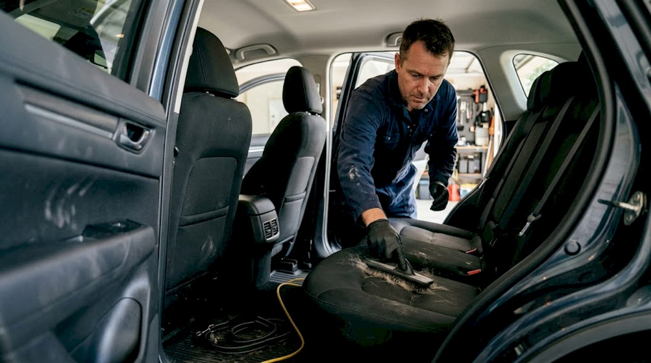 Car detailer removing pet hair from seat