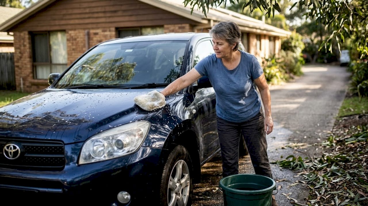 Person washing ceramic coated SUV at home