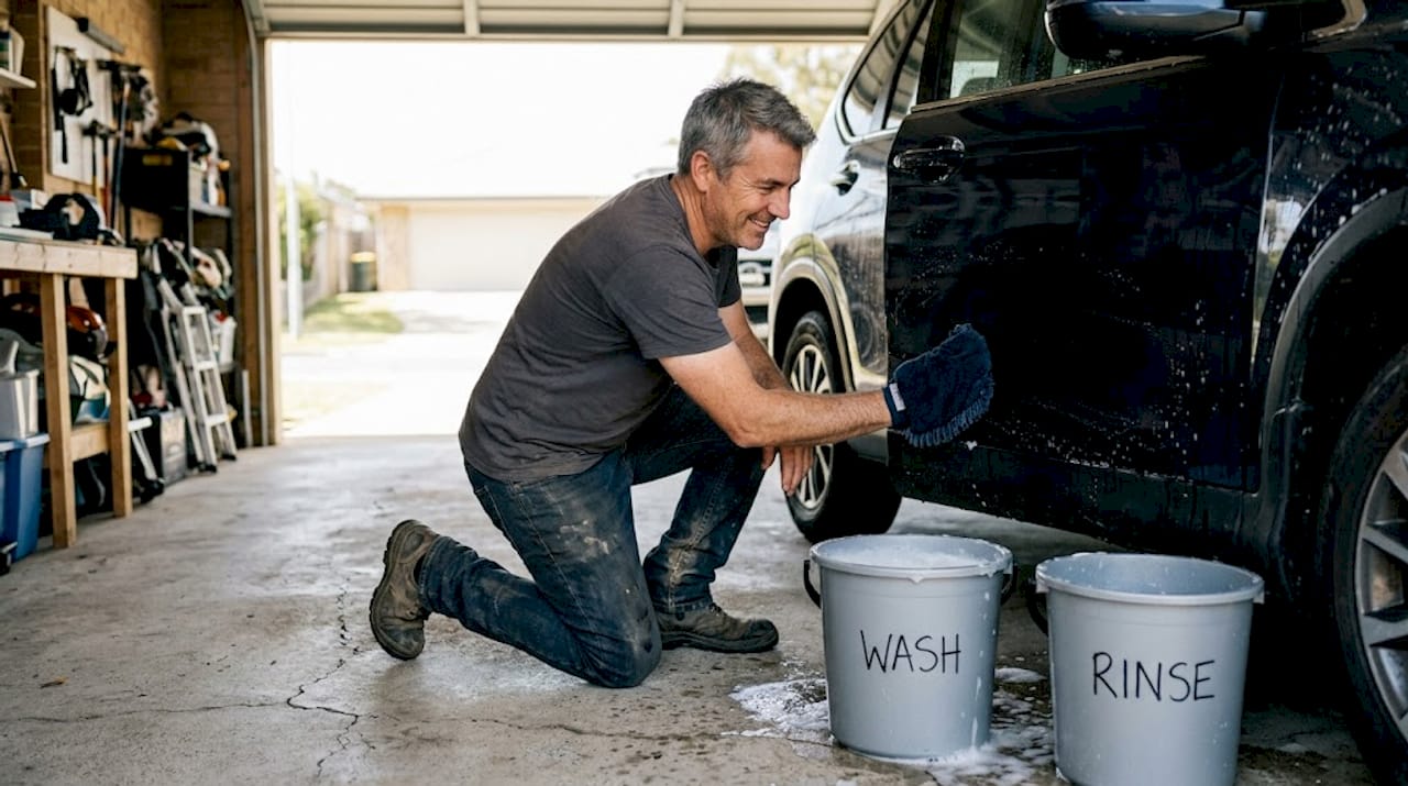 Two bucket car wash in home garage