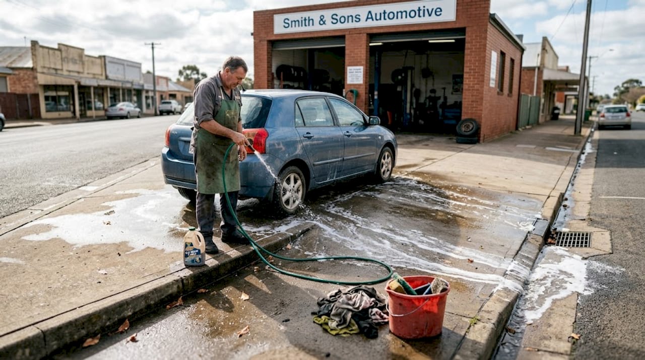 Mechanic rinses car with chemical wash