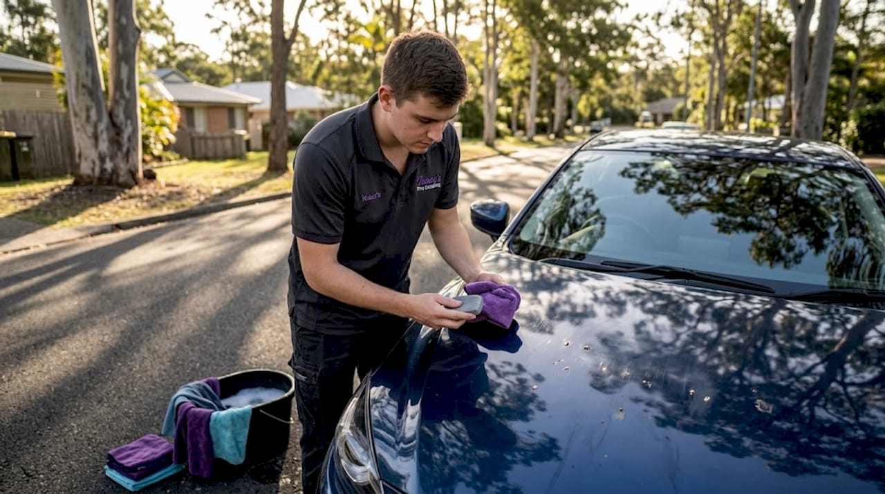 Detailer preparing car surface outdoors