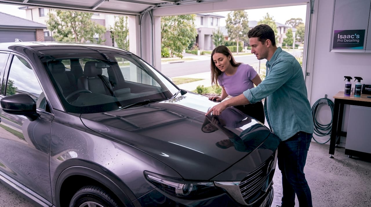 Car owners inspecting detailed vehicle in garage