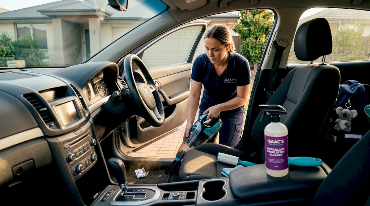 Car interior being vacuumed outdoors