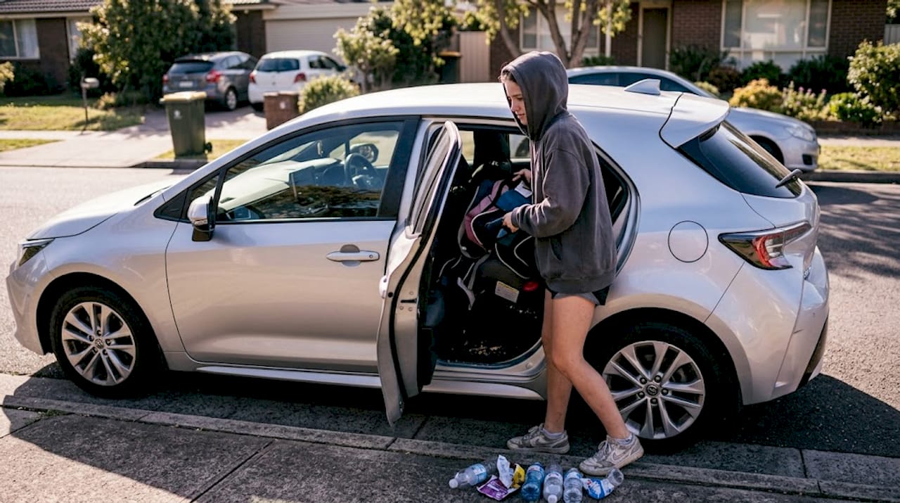 Teen removing clutter from family car