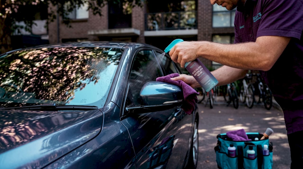 Hands wiping car with waterless wash