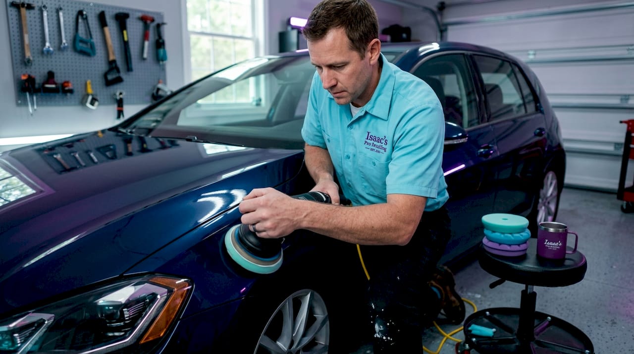 Polishing car hood with dual-action polisher