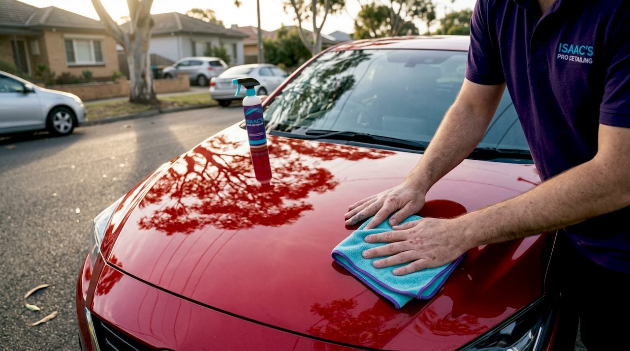 Hands buffing car paint with microfiber