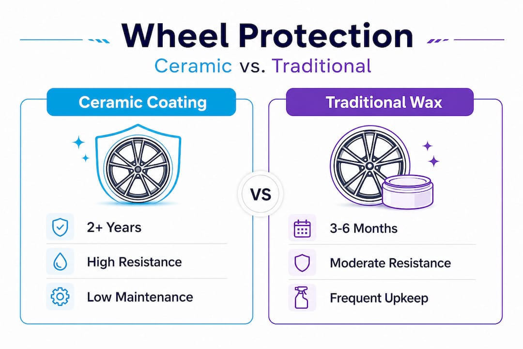 Split infographic comparing ceramic and traditional wheel protection
