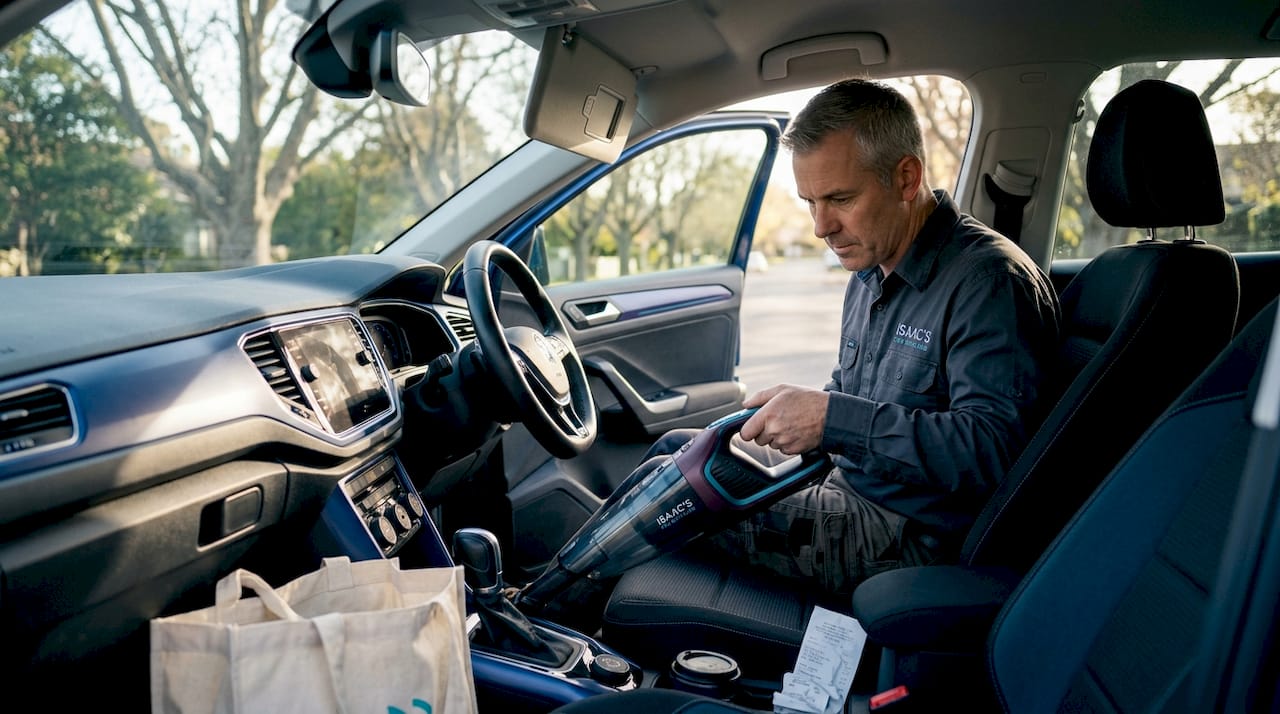 Man vacuuming car floor mat interior