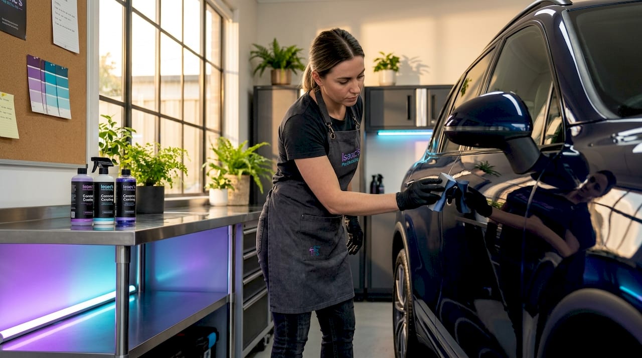 Technician applying ceramic paint protection in garage