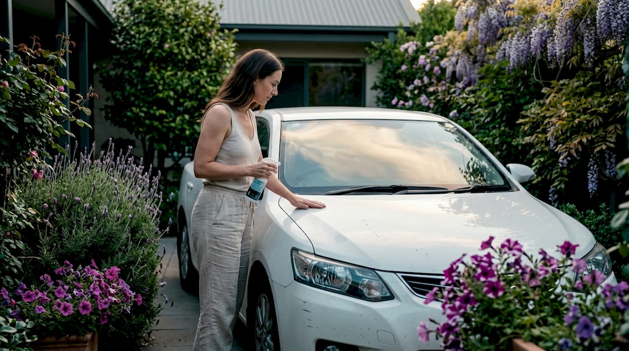 Woman inspecting car paint under sunlight