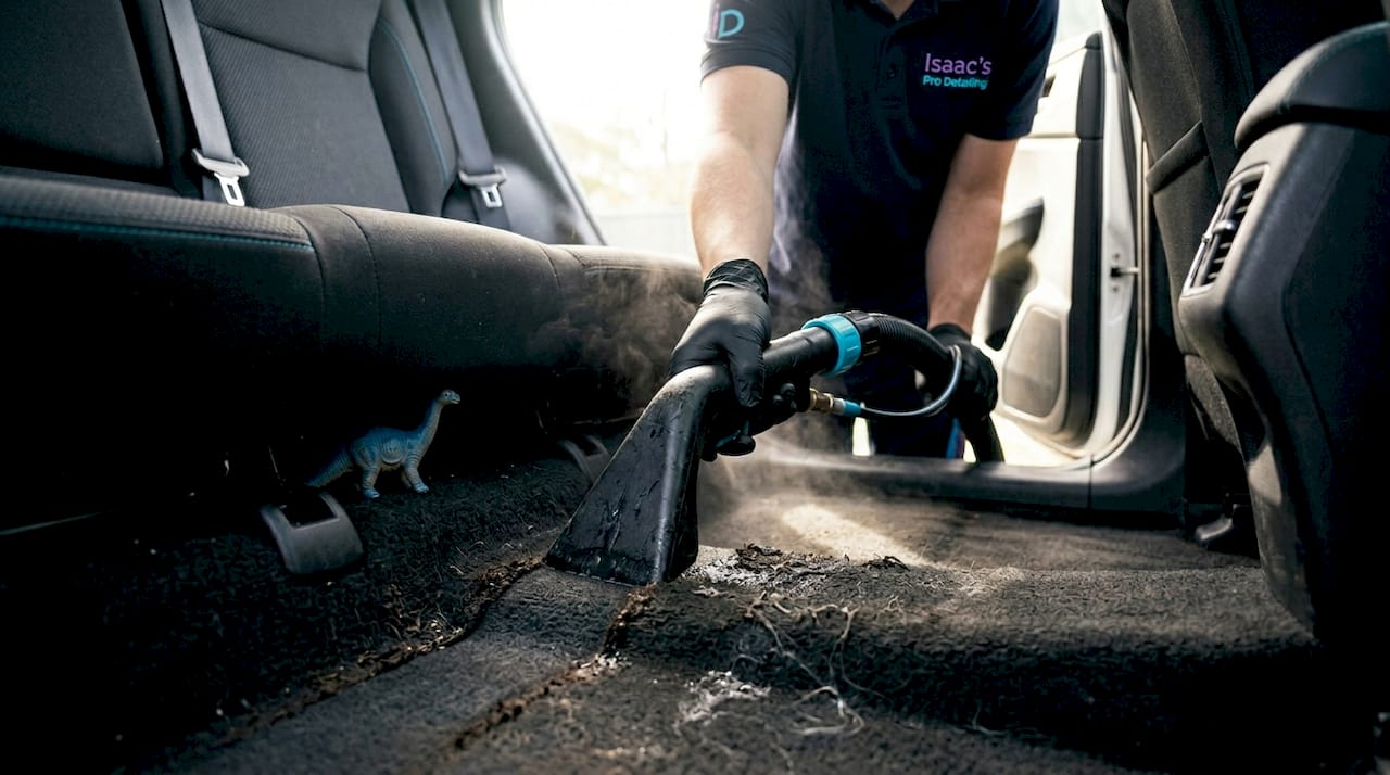 Dirty car carpet mid-cleaning with extractor
