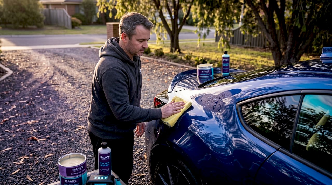 Man buffing freshly waxed car outdoors