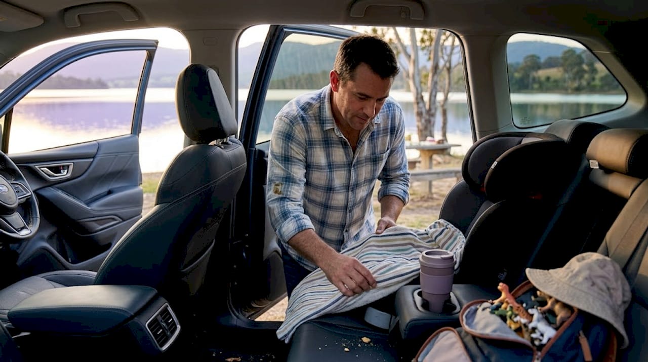Father inspecting back seat for child safety