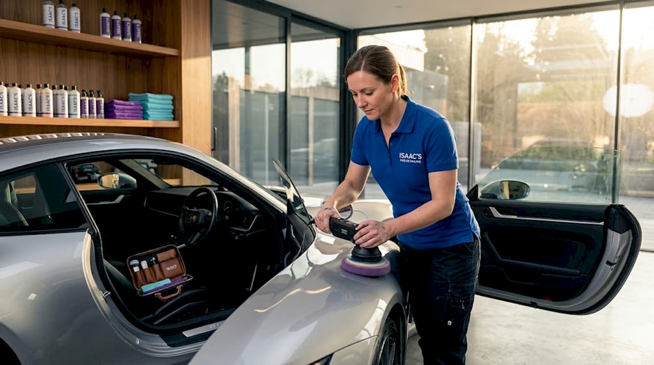 Detailer performing paint correction in home garage