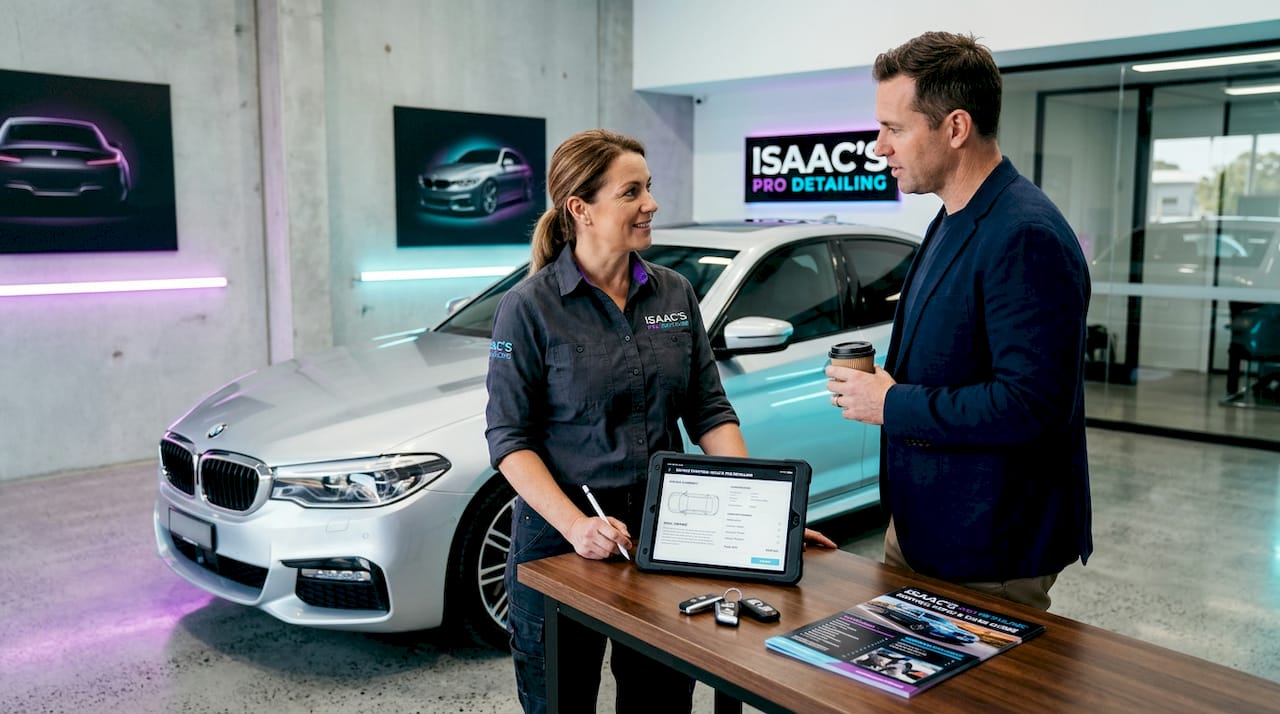Mechanic discussing car care service with customer