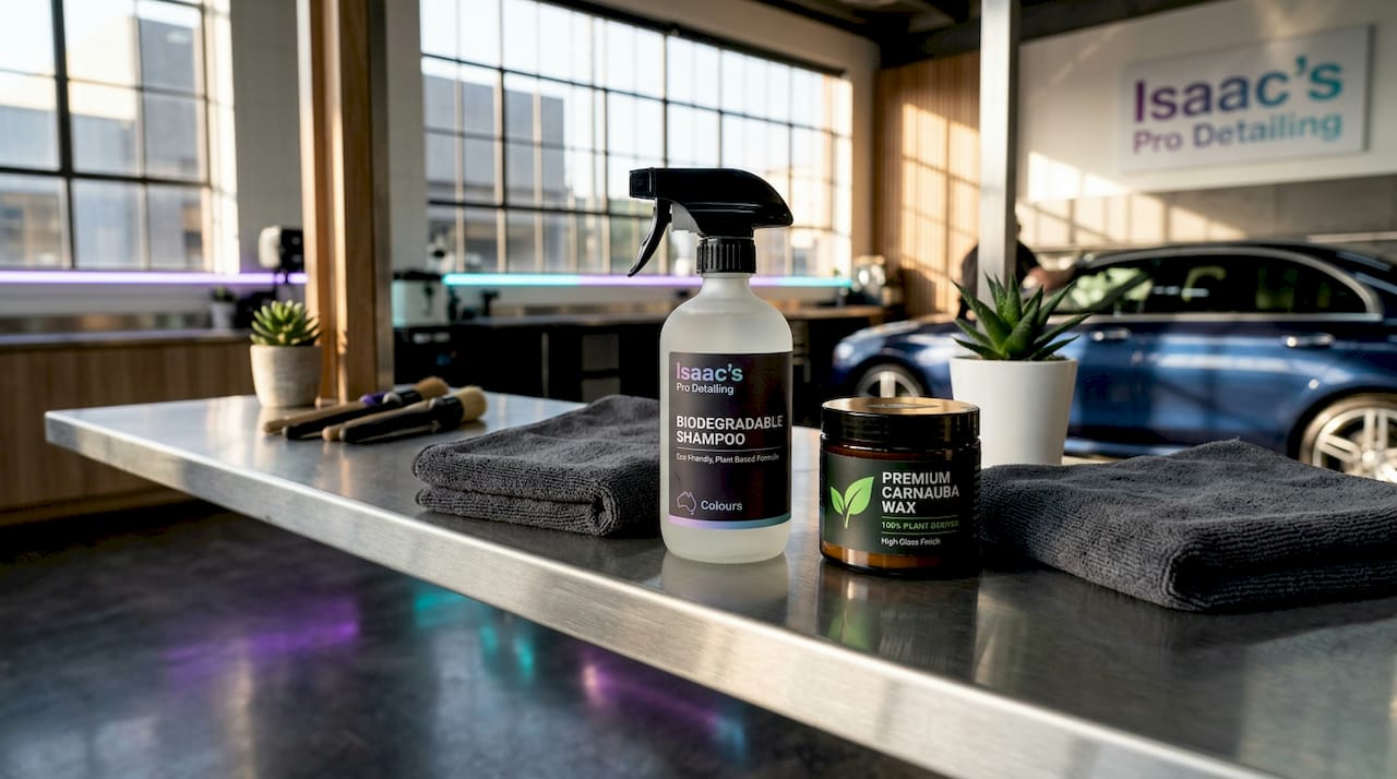 Close-up of eco-friendly car care products on shelf