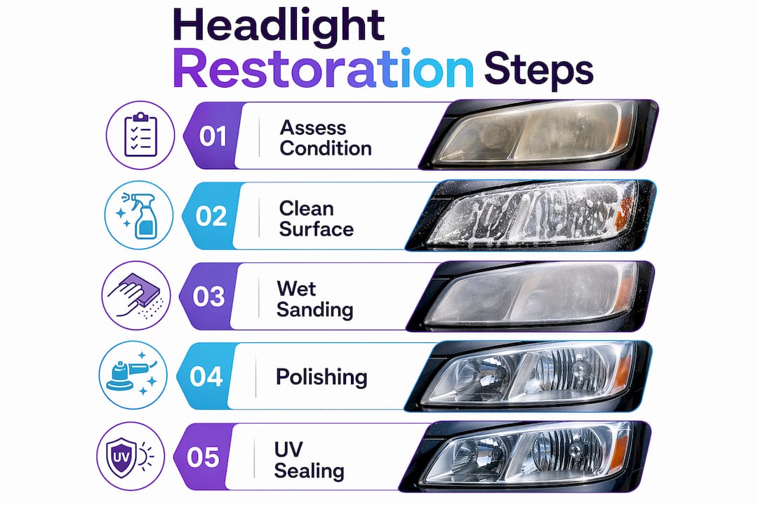 Infographic illustrating steps of headlight restoration process