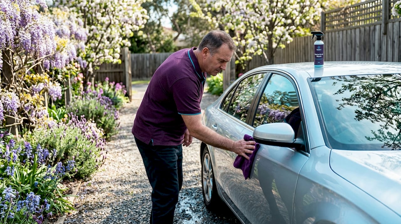 Man doing waterless car wash on sedan