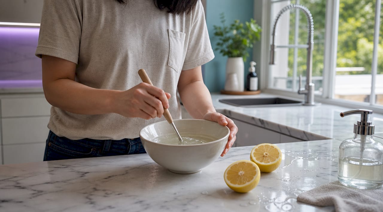 Hands mixing natural cleaning solution ingredients