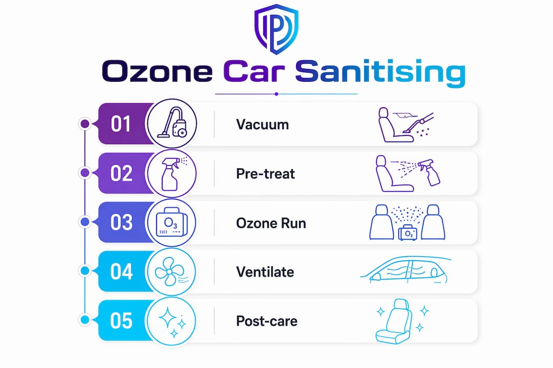 Infographic detailing ozone car sanitising steps