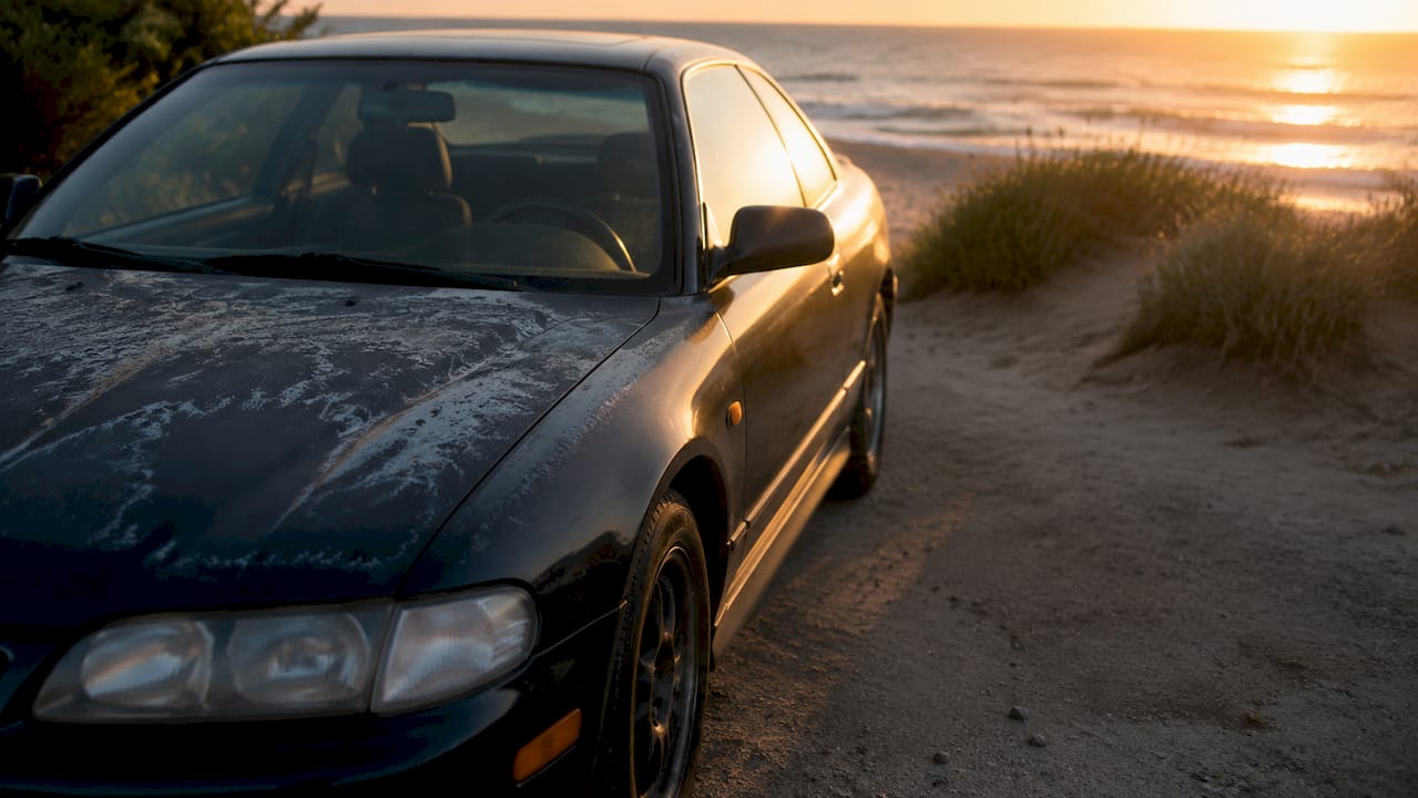 Faded paint on dark car under strong sun