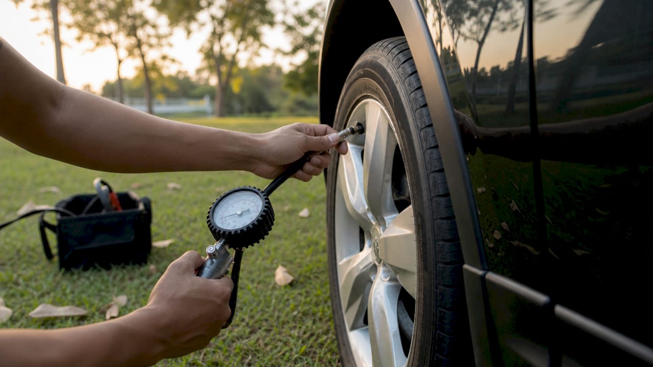Hands checking vehicle tyre pressure outdoors