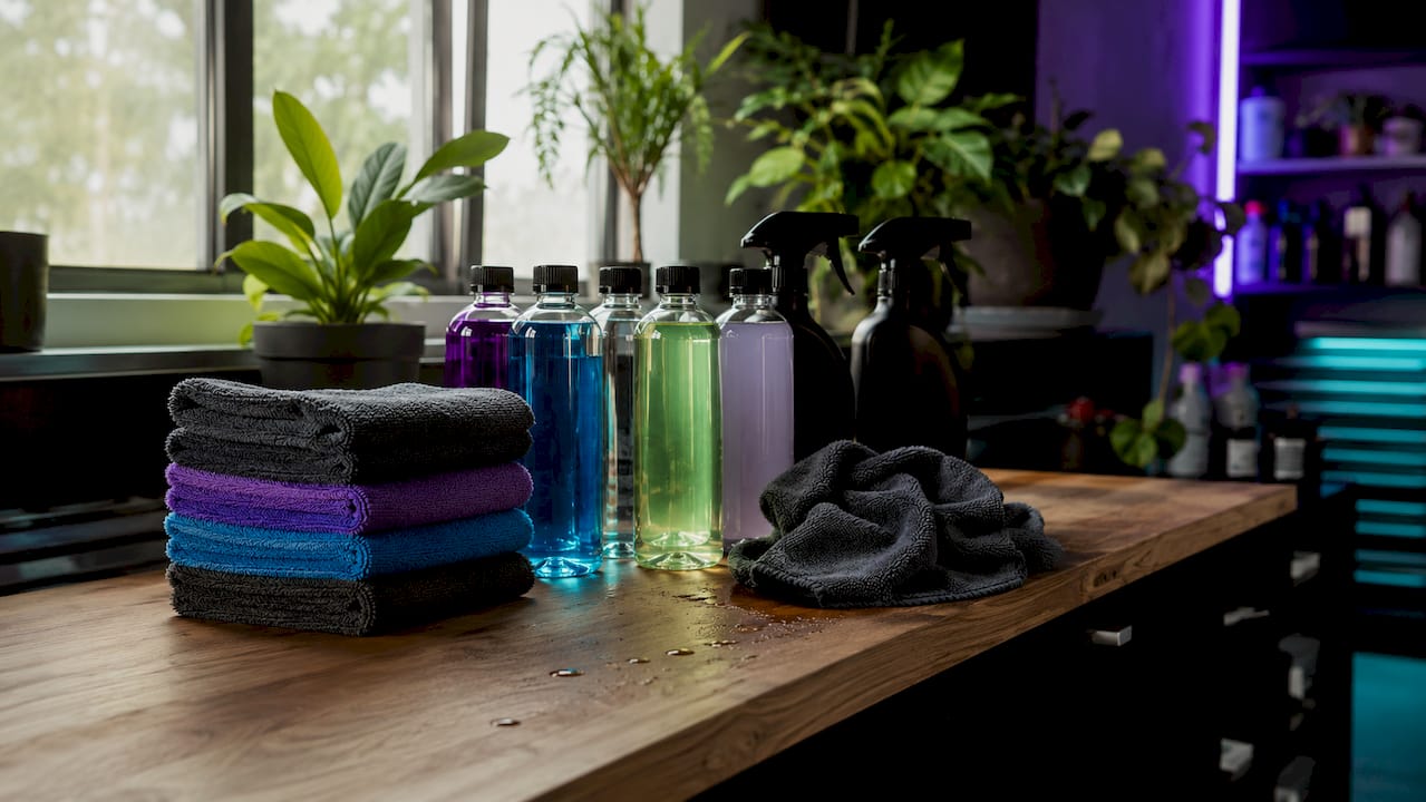 Eco car detailing products on garage bench