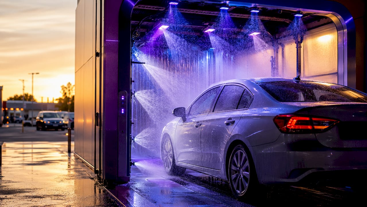 SUV passing through automated contactless wash tunnel