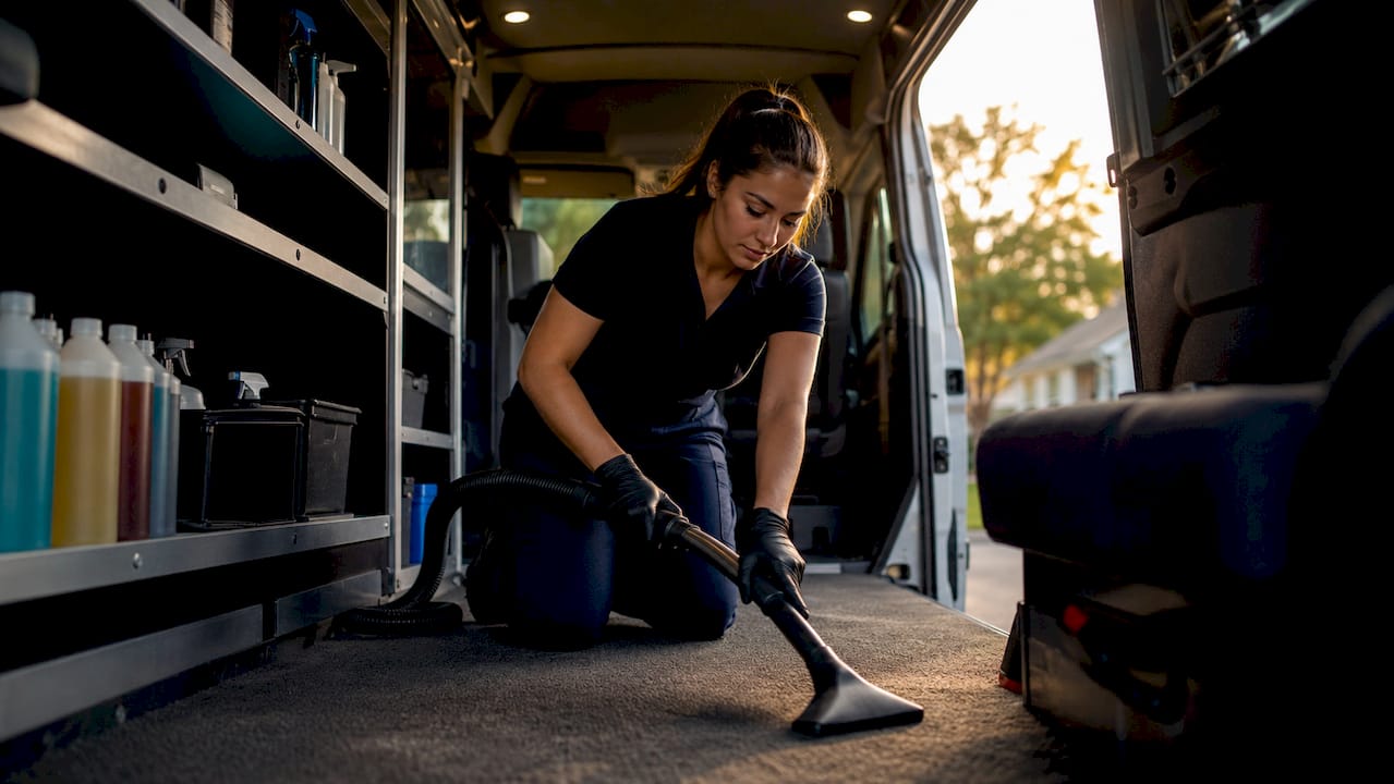 Hands vacuuming vehicle interior in detailing van