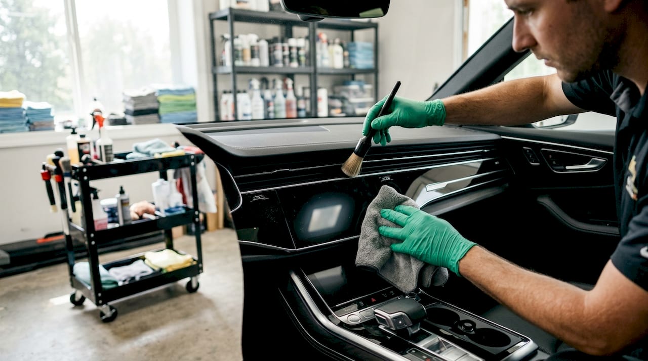 Detailer cleaning vehicle dashboard with gloves
