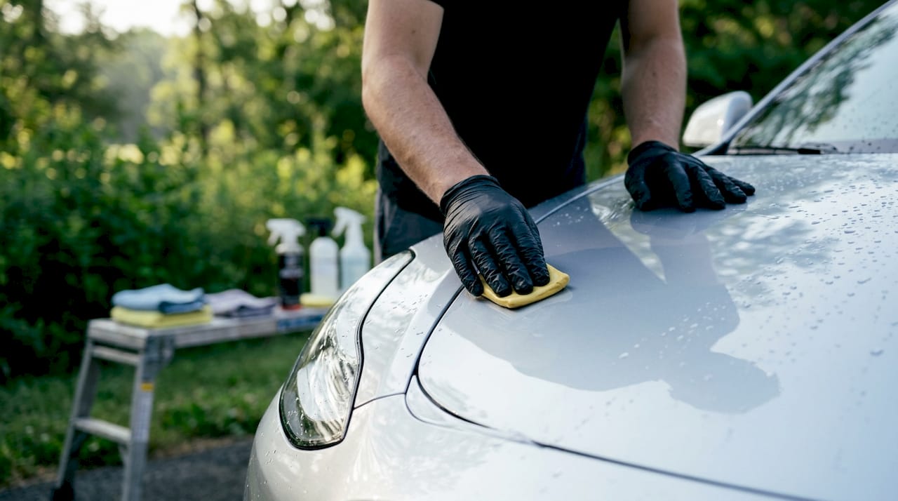 Hands using clay bar on car door surface