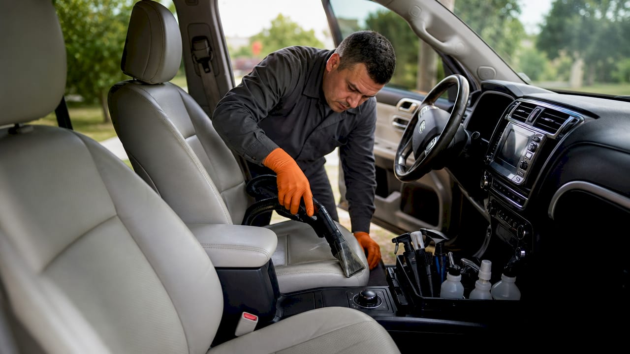 Detailer cleaning car interior with extractor machine