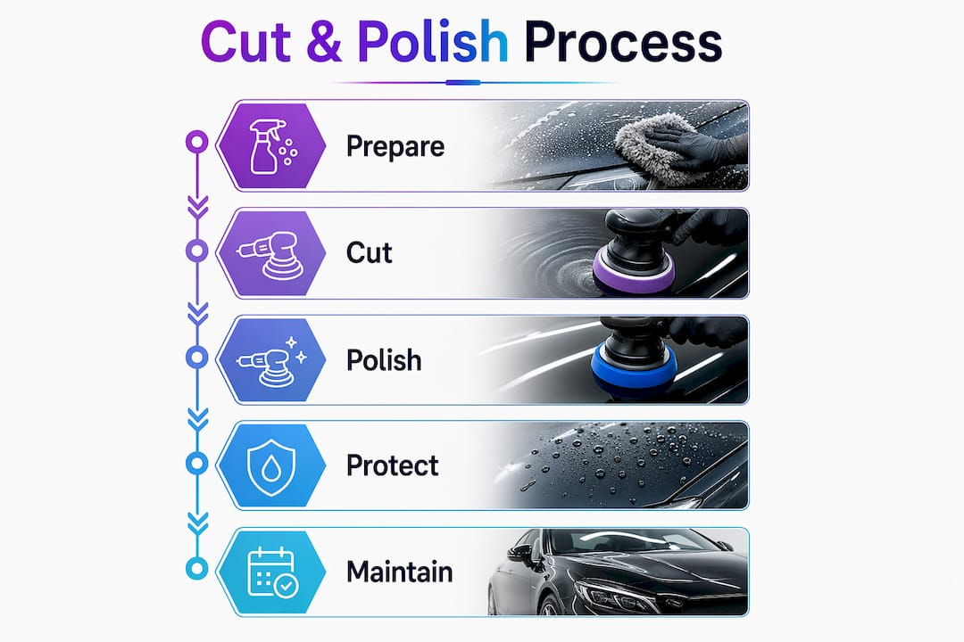 Step-by-step infographic of car paint restoration process