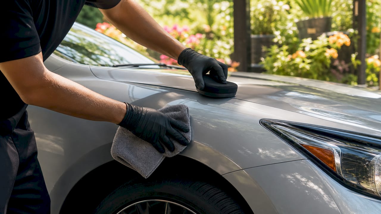 Detailer polishing car front fender inside garage
