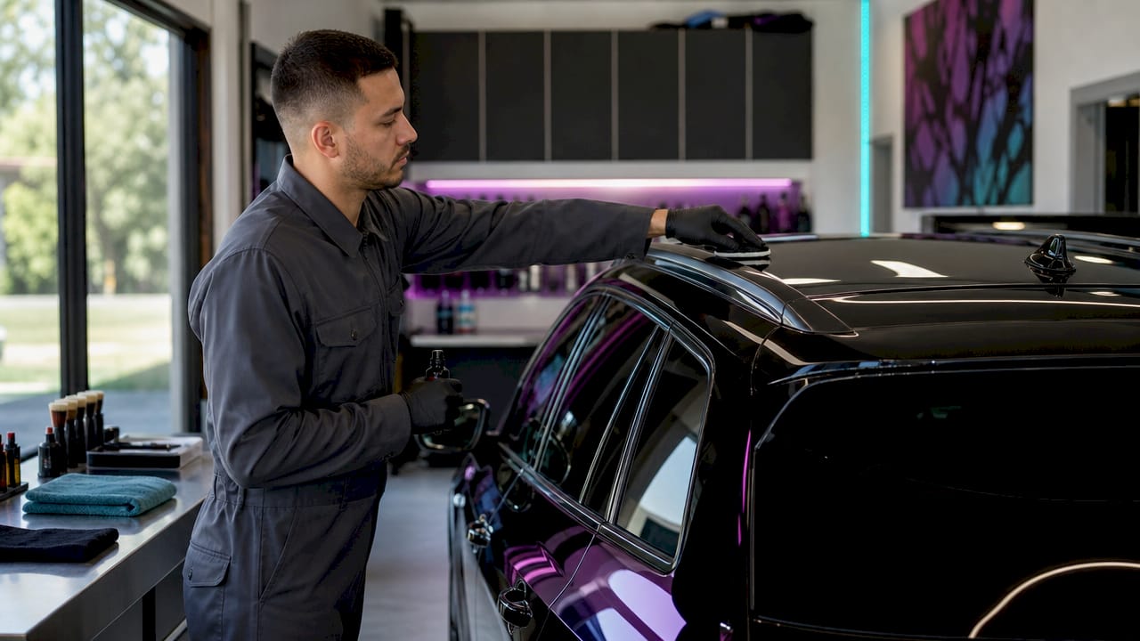 Detailer applying ceramic coating on car hood