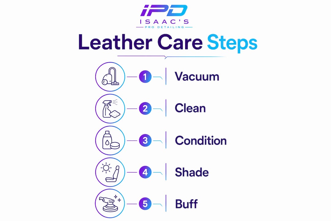 Infographic showing step-by-step leather care process