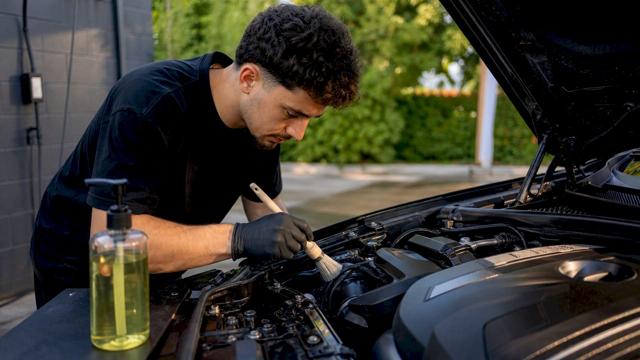 Technician scrubbing engine components with brush