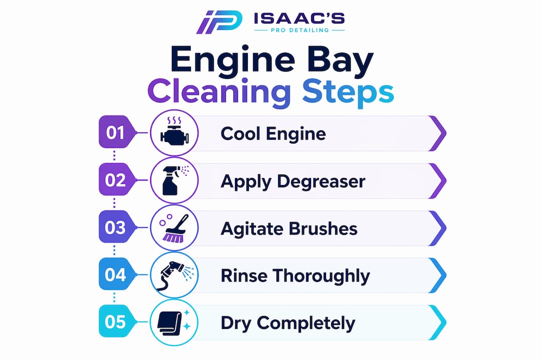 Infographic illustrating engine bay cleaning steps