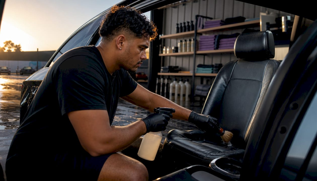 Detailer cleaning leather car seat