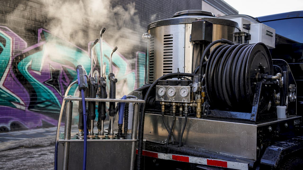 Truck-mounted steam cleaning equipment close-up